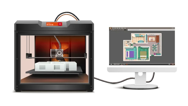 A desktop showcasing design with 3D printing machine performing 3D printing operation