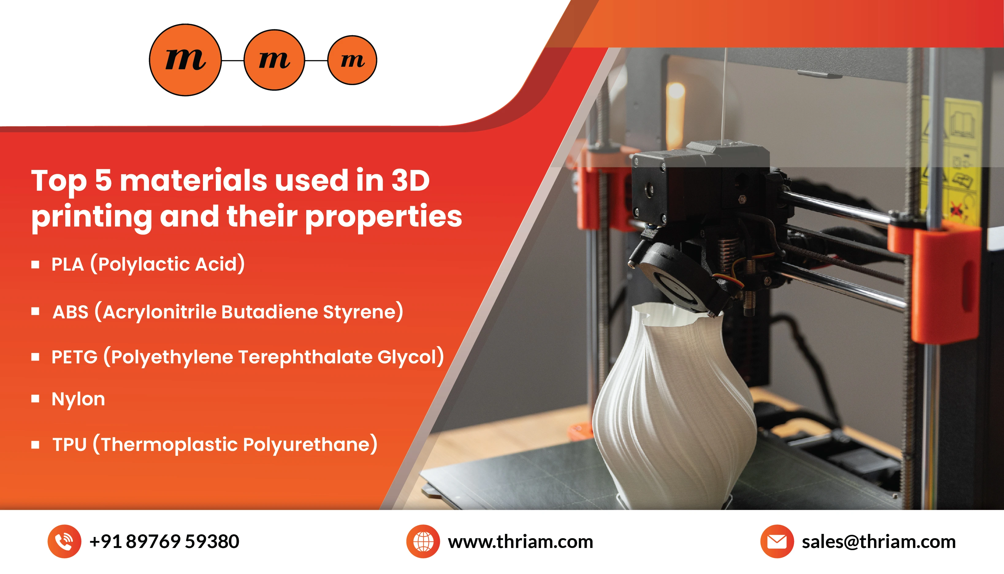 Top 5 materials used in 3D printing and their properties banner by Thriam